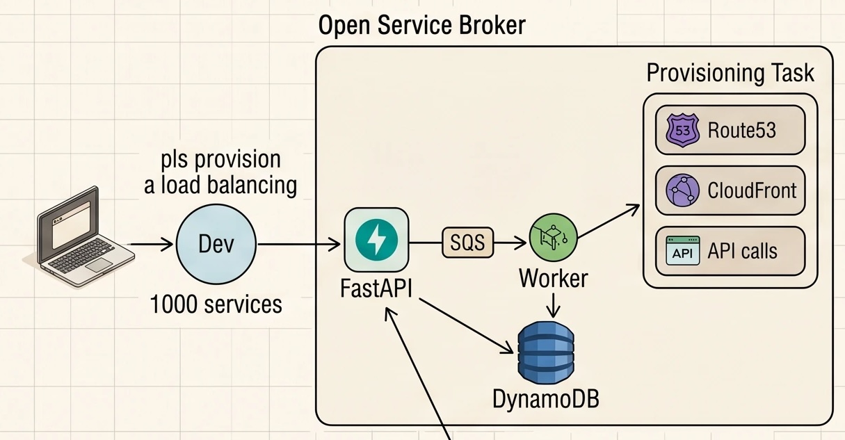 Open Service Broker internals — a laptop sends a 'pls provision a load balancing' request from a Dev pool of ~1000 services to a FastAPI front door, which enqueues a job on SQS and records pending state in DynamoDB. A Worker picks the job off SQS and runs the Provisioning Task: Route53 records, CloudFront distributions, and other AWS API calls.