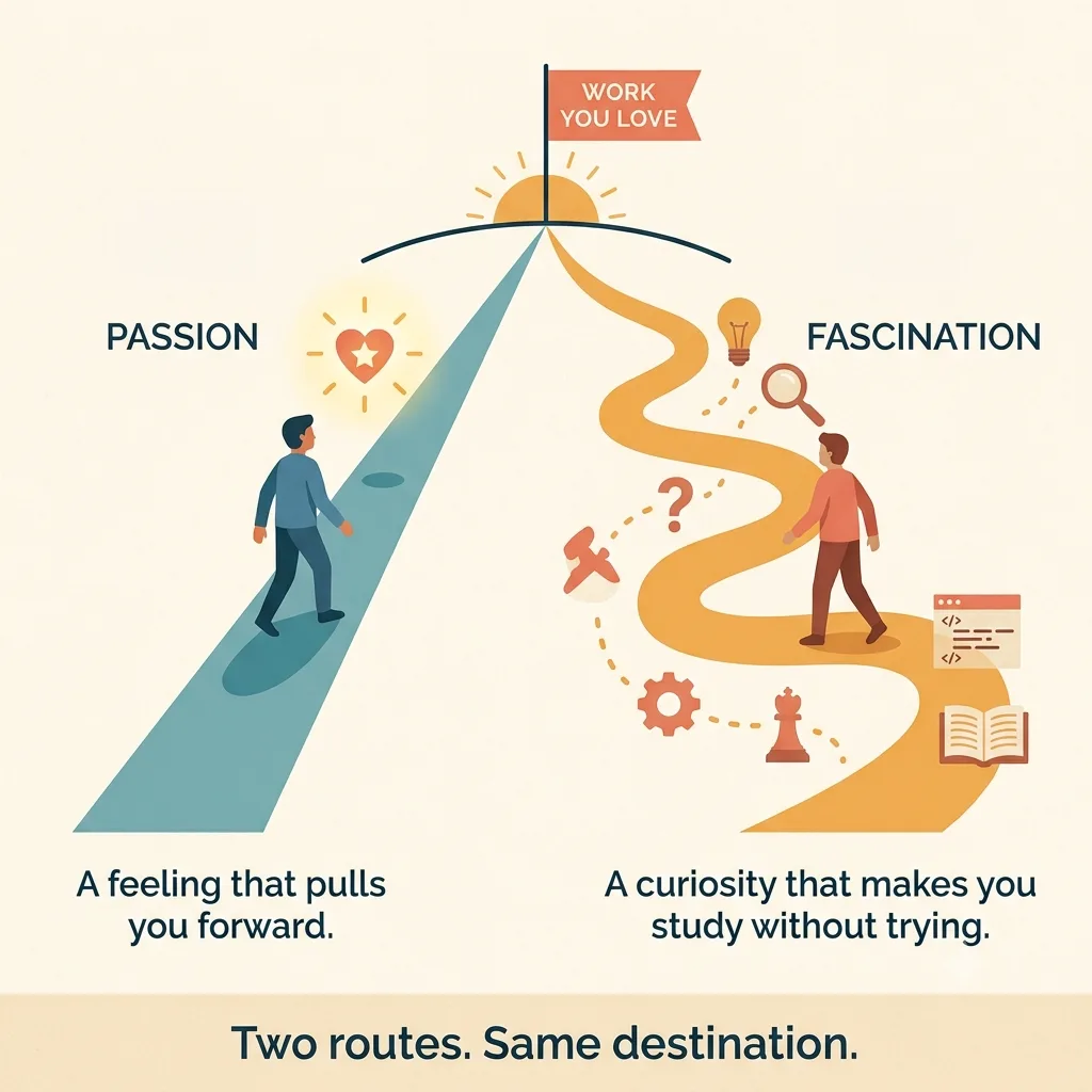 Two routes to the same destination, 'Work You Love.' On the left, a straight blue path labelled Passion — 'a feeling that pulls you forward.' On the right, a winding yellow path labelled Fascination, dotted with a lightbulb, magnifying glass, gear, chess piece, book and code window — 'a curiosity that makes you study without trying.' Both paths converge at a flag on the horizon.
