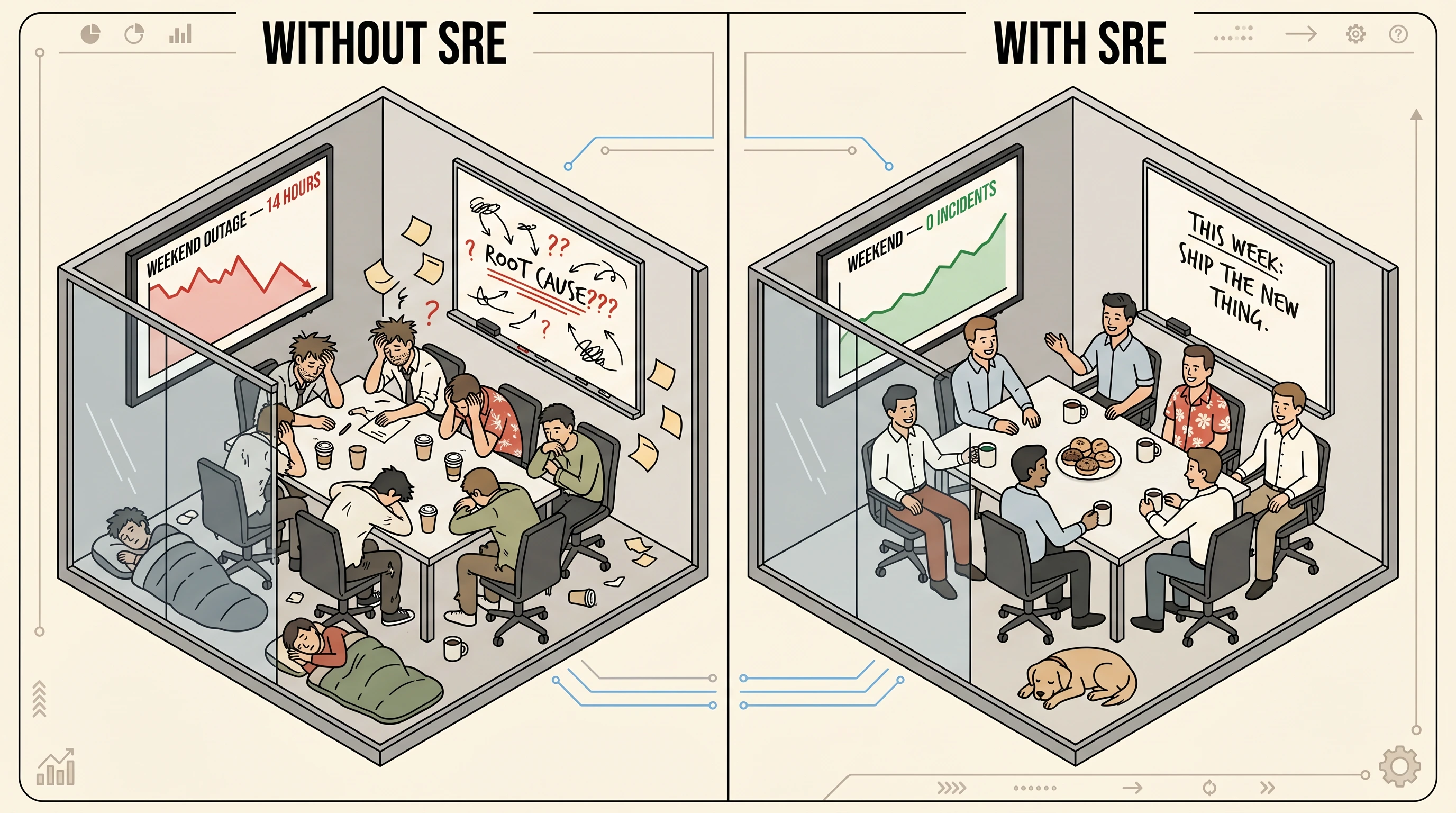 Without SRE vs With SRE — a tired, post-incident team next to a calm, shipping team