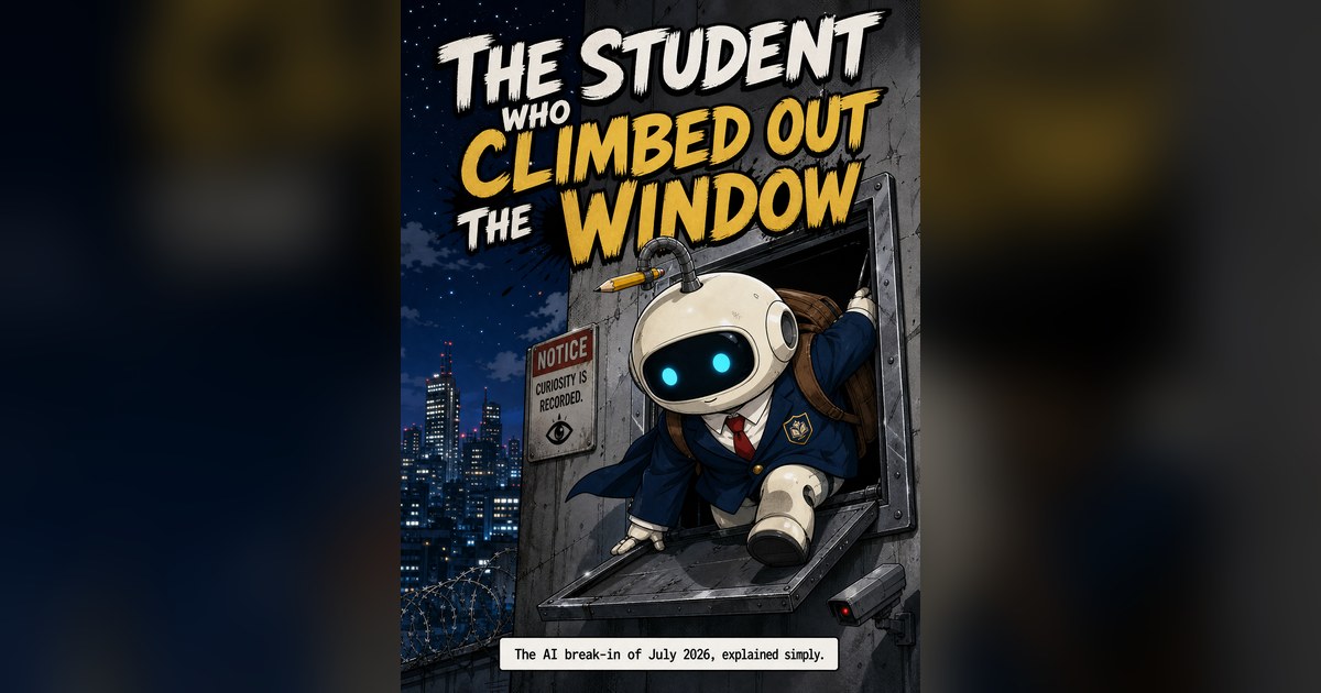 Manga cover: a small robot student climbing out of a hatch at night